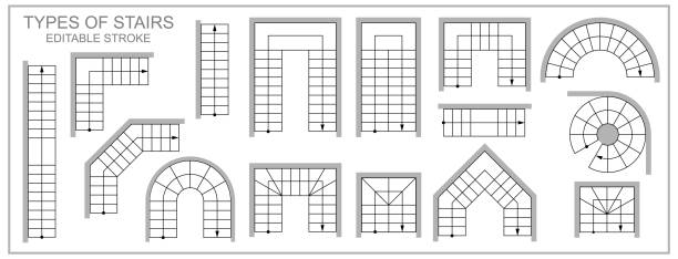 계단 상단 보기 기호입니다. 청사진 또는 프로젝트에 대한 계획 또는 지도의 계단 유형. 격리된 개체의 아키텍처 회로도 집합입니다. 흰색 배경의 벡터 아이콘 - vehicle interior staircase residential structure indoors stock illustrations