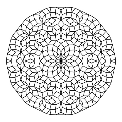Circle with Penrose pattern. Penrose tiling with rhombi. Non-periodic tilings generated by an aperiodic set of prototiles. Black and white illustration, isolated on white background. Vector.