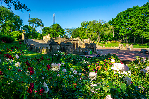 Bethesda Terrace and Fountain are two architectural features overlooking The Lake in New York City's Central Park.