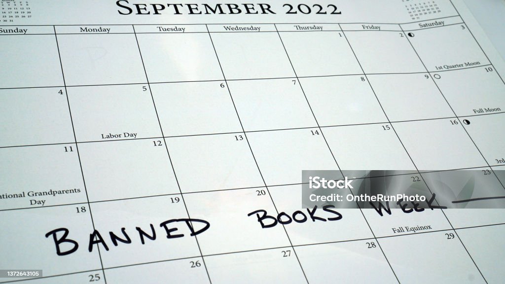 Banned Books Week Calendar marked for Banned Book Week in September. Banned Books Week is an annual event celebrating the freedom to read. Book Stock Photo