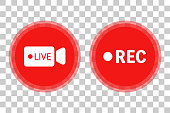 Live camera icons and recording icons isolated on transparent background. Live and live broadcasting. Editable vectors.
