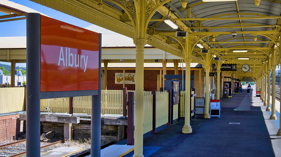 Albury, New South Wales Australia - December 23 2021: The Albury place name sign at Albury Railway Station NSW Australia