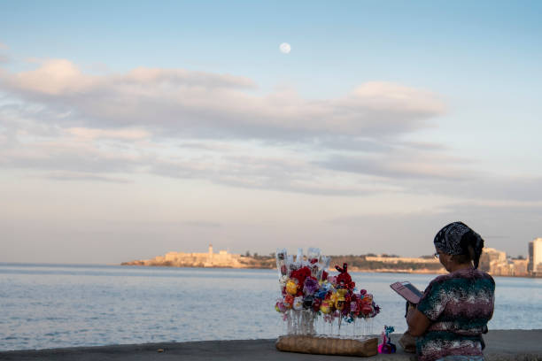 Woman looks at her cell phone on the Malecon in Havana, Cuba. stock photo