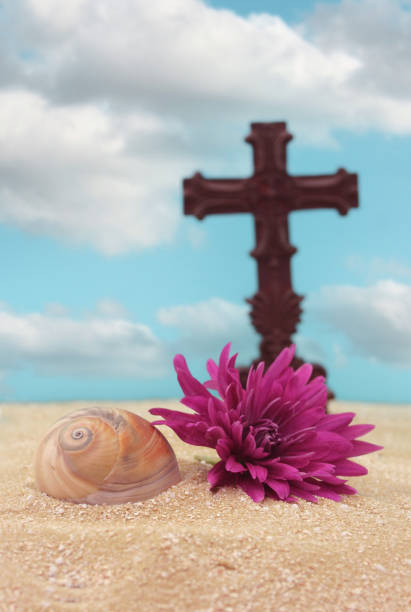 Sea Shells With Cross on Sand, Shallow DOF Focus on Shell
