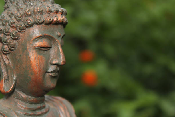 istock Buddha Statue in Garden with blurred flowers in background 1372654913