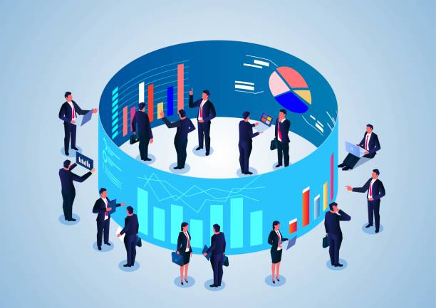 Business team analyzing data on virtual screen, business statistics management, consulting marketing services. Business team analyzing data on virtual screen, business statistics management, consulting marketing services. business weakness stock illustrations