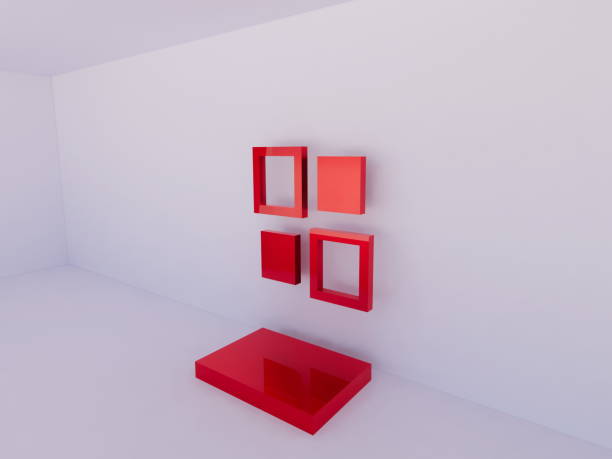 istock 3d rendering for a product stand or studio with red boxes and red photo frames too 1372666589