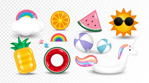 ilustraciones, imágenes clip art, dibujos animados e iconos de stock de conjunto de elementos veraniegos. colección de sol, nube, arco iris, estrellas de mar, naranja, pelotas de playa, piscina inflable flotante juguete aislado sobre fondo transparente. ilustración vectorial. - floatation device