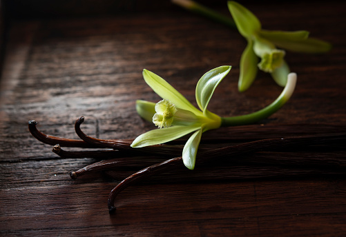 Vanilla pods undergo a aging process until they are browned and vanilla flower on wood tray.