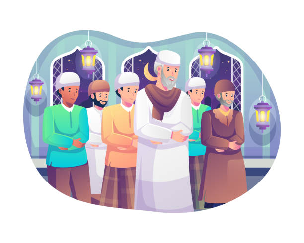 muslim people perform tarawih prayers at the night during ramadan. prayers in congregation at the mosque. flat style vector illustration - salah stock illustrations