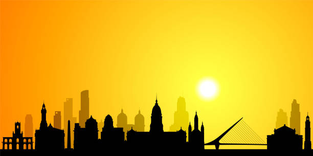 silhouette der skyline von buenos aires (alle gebäude sind vollständig, beweglich und sehr detailliert) - cable stayed bridge illustrations stock-grafiken, -clipart, -cartoons und -symbole