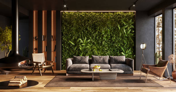 vertikale grüne wand in einem wohnzimmerinterieur, 3d-rendering - wandbegrünung stock-fotos und bilder