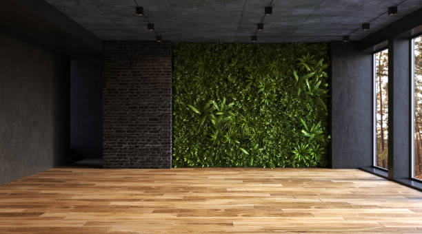 vertikale grüne wand in einem wohnzimmerinterieur, 3d-rendering - wandbegrünung stock-fotos und bilder