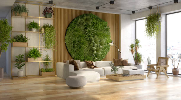 вертикальная зеленая стена в интерьере гостиной, 3d рендер - indoors conservatory decor home interior стоковые фото и изображения
