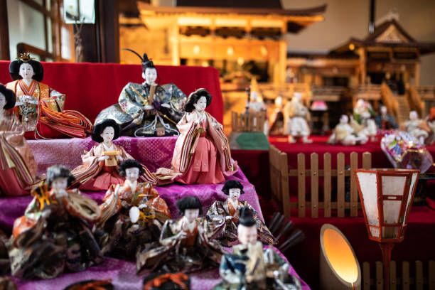 Traditional old Hina Matsuri dolls on display for Girls' Day stock photo