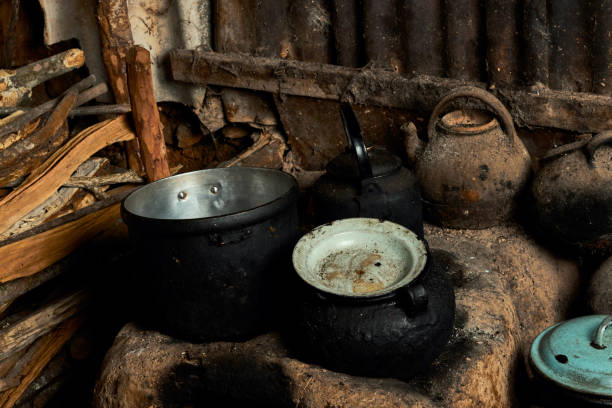 istock Burnt dishes on stone hearth in poor village 1372685827