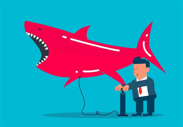 stockillustraties, clipart, cartoons en iconen met businessman uses air pump to inflate shark, increasing risk - toy shark