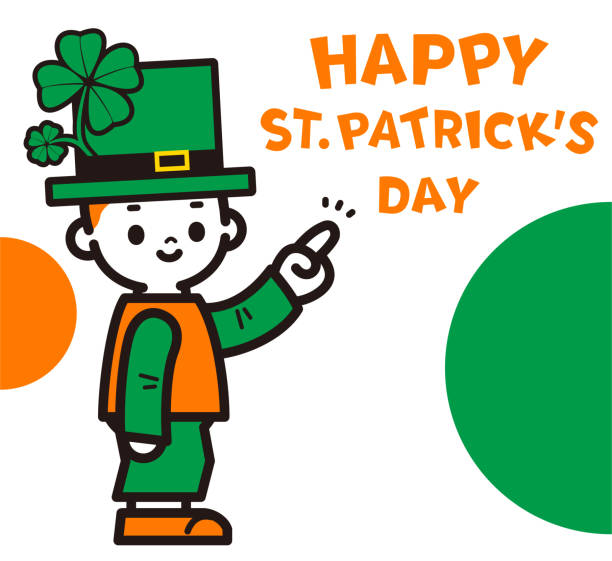 ilustraciones, imágenes clip art, dibujos animados e iconos de stock de un lindo niño disfrazado del día de san patricio señalando el "feliz día de san patricio" con un dedo índice - clover st patricks day welcome sign greeting