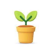 istock Flower, plant with leaves in pot. Gardening concept. 3d vector icon. Cartoon minimal style. 1372690274