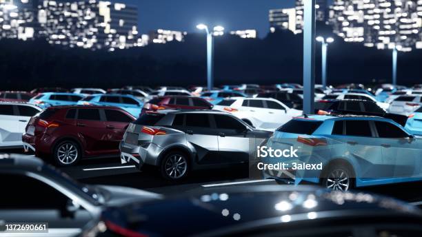 New Cars At The Factory Stock Photo - Download Image Now - Car Dealership, Night, Car