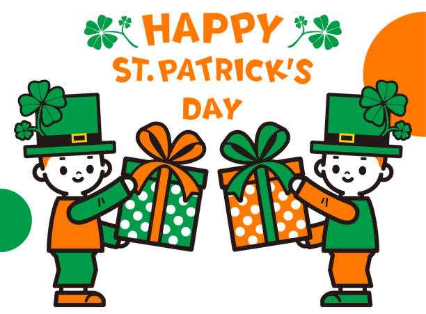 ilustraciones, imágenes clip art, dibujos animados e iconos de stock de texto escrito a mano "feliz día de san patricio" y lindos niños disfrazados del día de san patricio enviando regalos - clover st patricks day welcome sign greeting