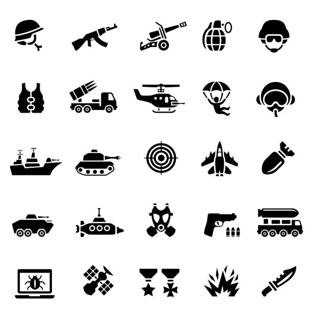 illustrazioni stock, clip art, cartoni animati e icone di tendenza di set di icone nere militari. - hand grenade