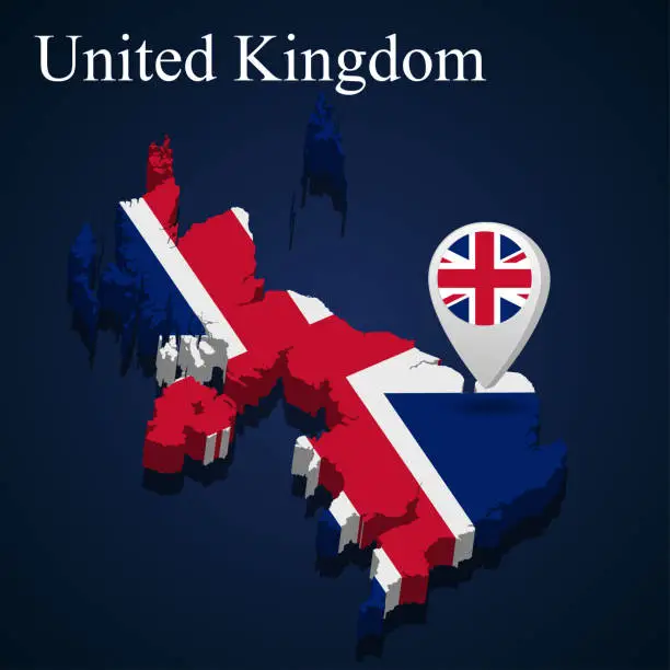 Vector illustration of Flag of United Kingdom on 3d map on dark background
