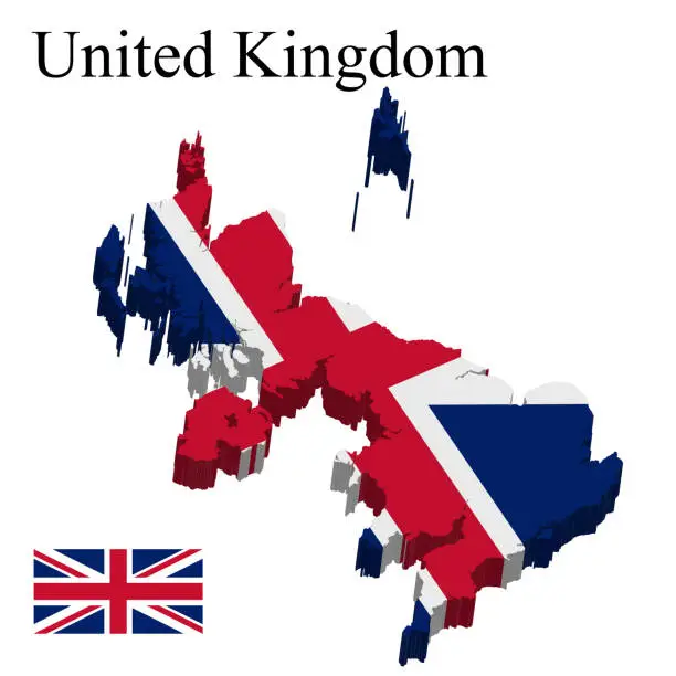 Vector illustration of Flag of United Kingdom on 3d map on white background.