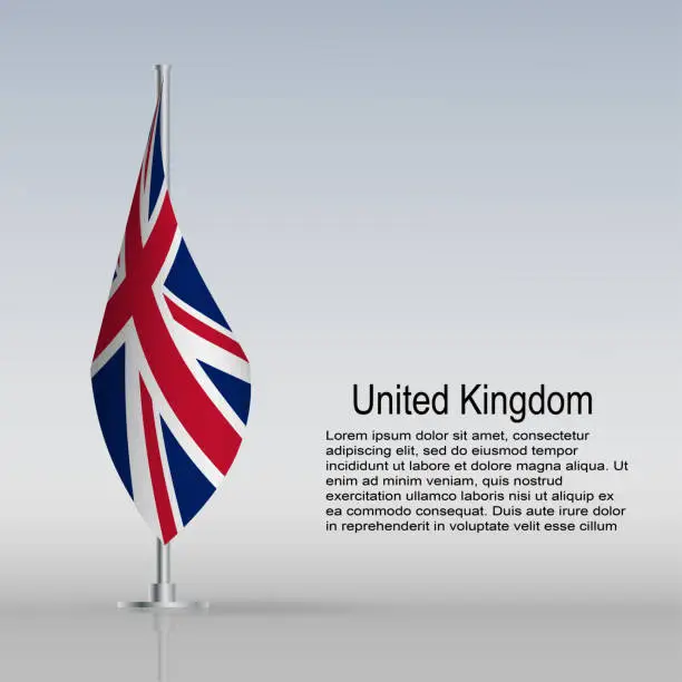 Vector illustration of Flag of United Kingdom hanging on a flagpole stands on the table