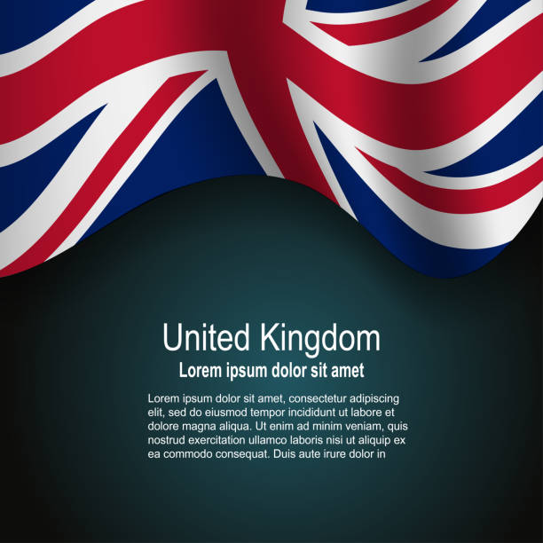 istock Flag of United Kingdom flying on dark background with text 1372700644