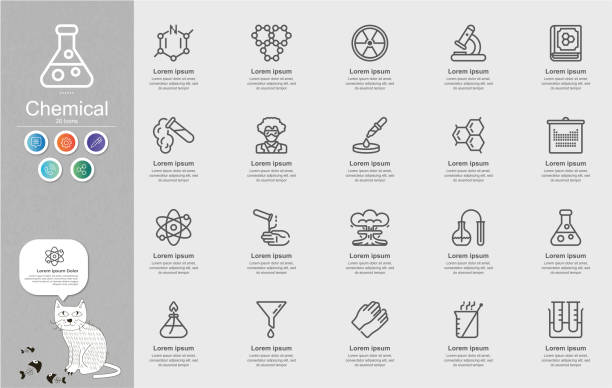 ilustrações, clipart, desenhos animados e ícones de infográfico de conteúdo de ícones químicos da linha - computer icon flame symbol black and white