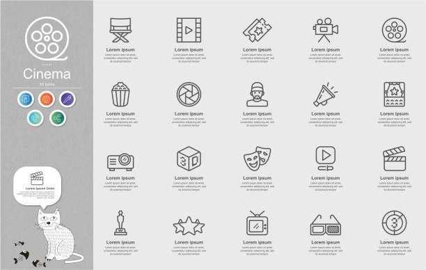 Cinema and Film Industry Line Icons Content Infographic Cinema and Film Industry Line Icons Content Infographic black and white eyeglasses clip art stock illustrations