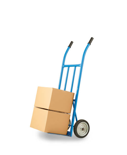camión de mano azul, caja de paquetes de cartón de carro aislada sobre fondo blanco. - trolebús fotografías e imágenes de stock
