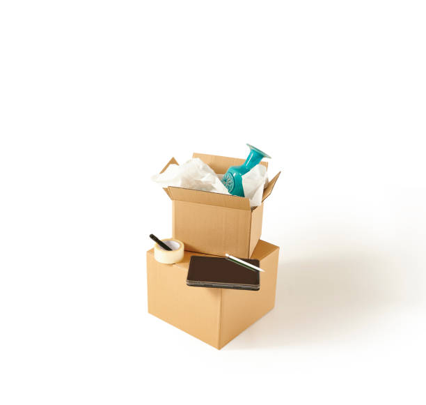 istock Brown cardboard box isolated on white background, home object and moving style. 1372703147