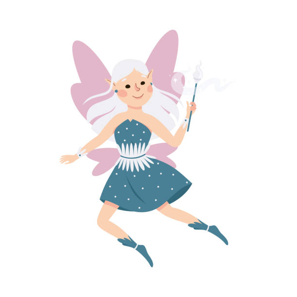 istock Cute Girl Fairy Flying with Wings Holding Magic Wand Vector Illustration 1372703203