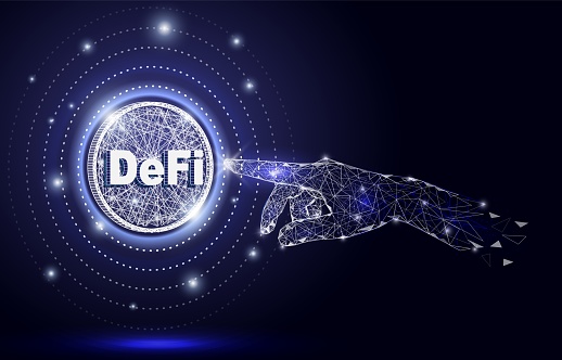 DeFi hand touch, low poly wireframe mesh, vector polygonal art style illustration. Decentralized finance tokens, cryptocurrency, blockchain technology.