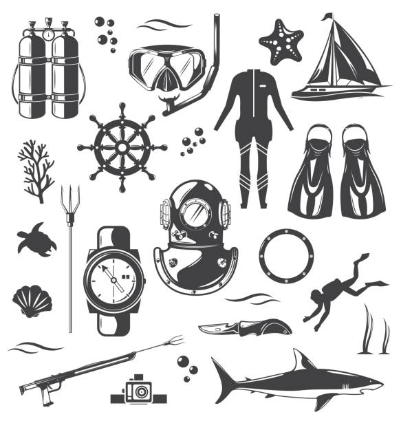 Scuba diving, snorkeling equipment and gear set, vector isolated illustration. Scuba diving, snorkeling equipment and gear set, vector isolated illustration. Black and white diver, diving suit, mask, flippers, oxygen tank, aqualung, snorkel, marine animals etc. white sailboat silhouette stock illustrations