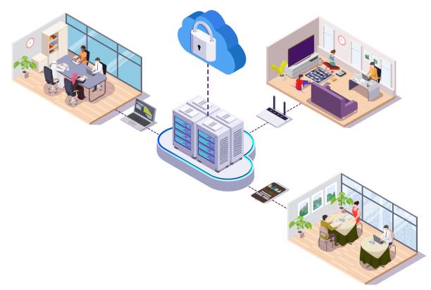 ilustraciones, imágenes clip art, dibujos animados e iconos de stock de conectado al almacenamiento en la nube, las personas trabajan en la oficina, el hogar, la cafetería. trabajo remoto, almacenamiento de datos, ilustración isométrica vectorial. - connection the media isometric computer network