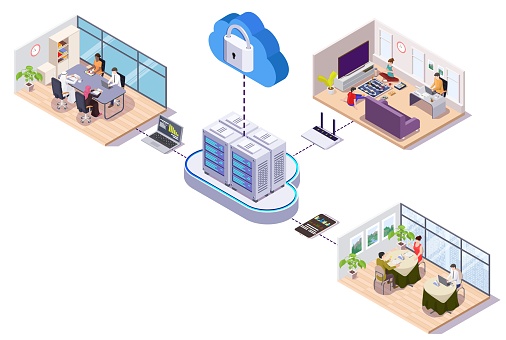 Connected to cloud storage people work at office, home, cafe. Remote work, data storage, vector isometric illustration.