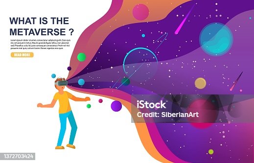 istock Metaverse or virtual world. Boy in VR glasses interacting with virtual reality. VR technology, metaverse gaming, vector. 1372703424