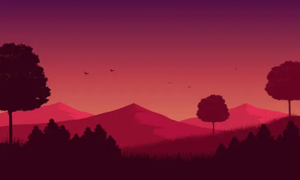 Vector illustration of Mountain view with an aesthetic silhouette of lush pine trees from the countryside