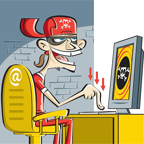 Vector illustration of ugly hacker at work