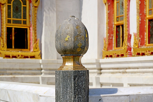 Closeup of Unique Bai Sema or Sacred Boundary Stone at Wat Benchamabophit Marble Temple, Historic Place in Bangkok, Thailand