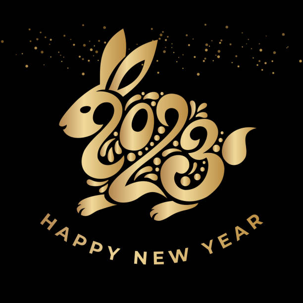 с новым 2023 годом. год кролика по лунному восточному календарю. креативный кролик, логотип кролика и номер 2023 на черном фоне. поздравительная - hongbao stock illustrations