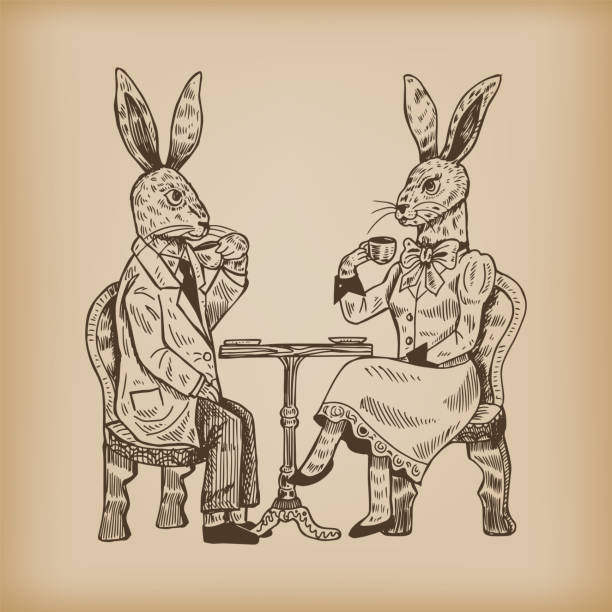 ilustrações, clipart, desenhos animados e ícones de coelhos retrô desenhados à mão vestidos com roupas vintage tomando chá. vetor - engraving eggs engraved image old fashioned