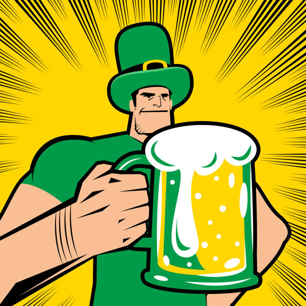 ein starker mann in saint patrick's day-kostümen hebt ein glas, um an einem feierlichen toast für den st. patrick's day teilzunehmen, dreiviertel-frontansicht, comic-effektlinien hintergrund - orientale stock-grafiken, -clipart, -cartoons und -symbole