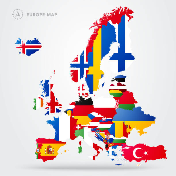 ilustrações de stock, clip art, desenhos animados e ícones de europe map with european flags - denmark map flag europe