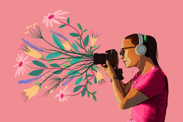 My photo camera creates best pictures of Spring Young photographer using a digital camera to take pictures of Spring sights head shoot stock illustrations