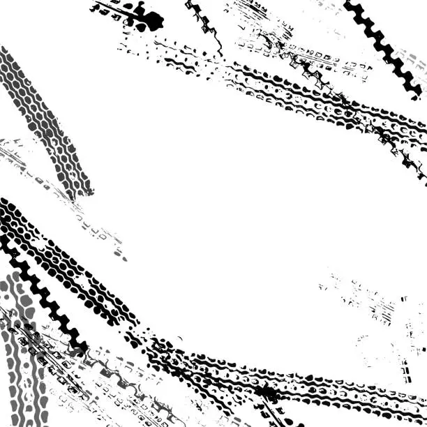 Vector illustration of Traces from the tire tread of a car, motorcycle or bicycle. Motocross, rally, track, traces of grungy wheels. Vector texture.