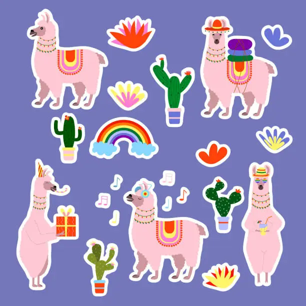 Vector illustration of A set of stickers cute cartoon llamas, cacti, rainbow. Stickers for cutting, vector